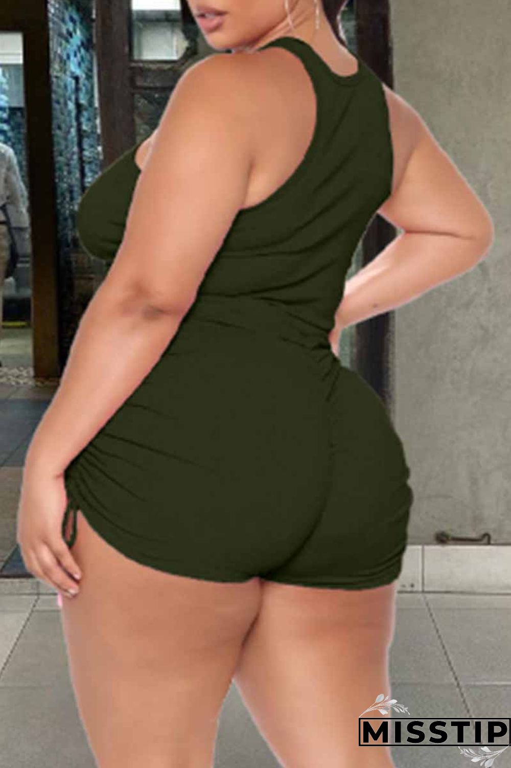 Green Sexy Print Fold Letter O Neck Plus Size Two Pieces