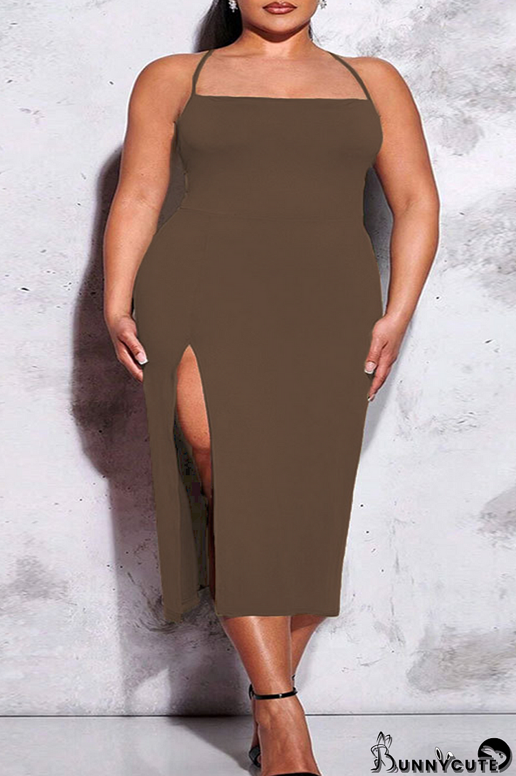 Coffee Sexy Solid Backless Slit Strap Design Spaghetti Strap One Step Skirt Plus Size Dresses