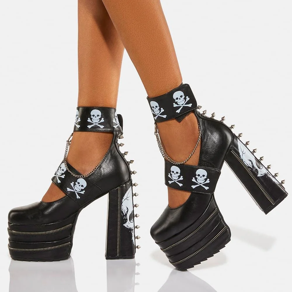 Black High Heels Stud Ankle Strap Heels Women's Platform Heels Nicepairs