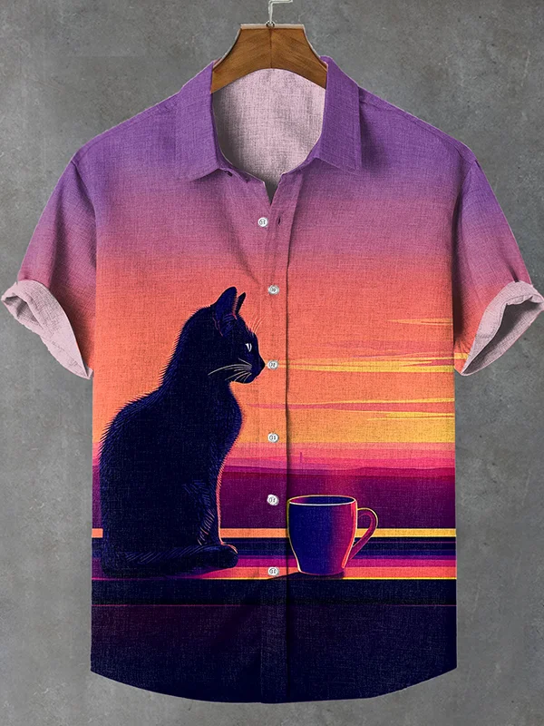 Men's Sunset Coffee Black Cat Vaporwave Art Print Linen Blend Shirt