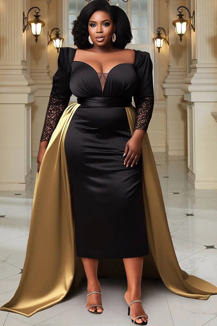 Xpluswear Design Plus Size Formal Gold Long Sleeve Peplum Satin Midi Dresses Xpluswear