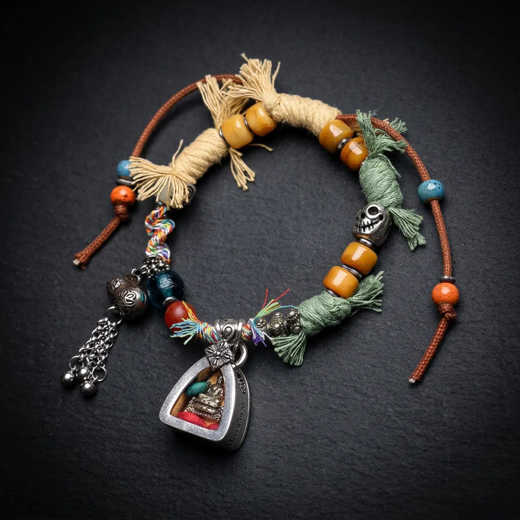 JiStones | The Healer's Path: Handcrafted Tibetan Medicine Buddha Amulet Bracelet Sacred Crimson & Earth