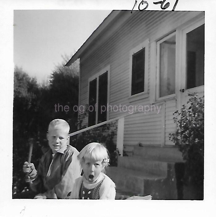 Vintage FOUND Photo Poster painting bw EARLY 60's KIDS Original Snapshot GIRL BOY 15 2 H