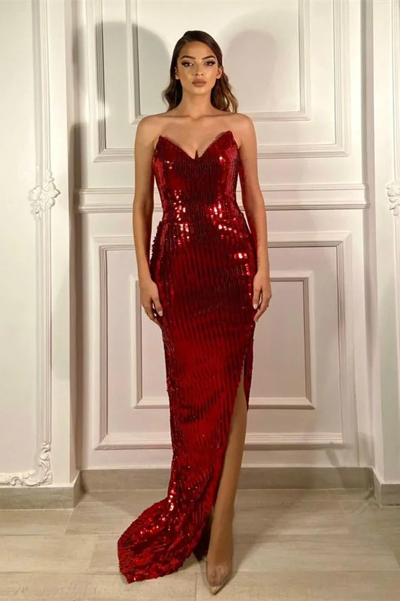 Daisda Glitter Red Mermaid Evening Dress With Split
