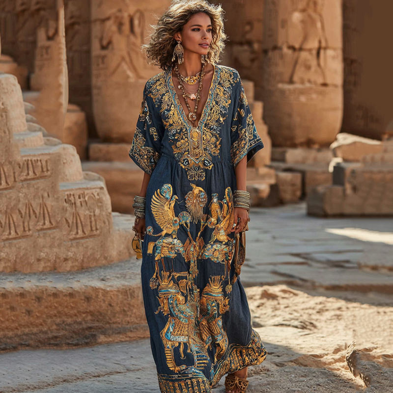 Comstylish Women's Vintage Egyptian Pattern Casual V Neck Maxi Dress