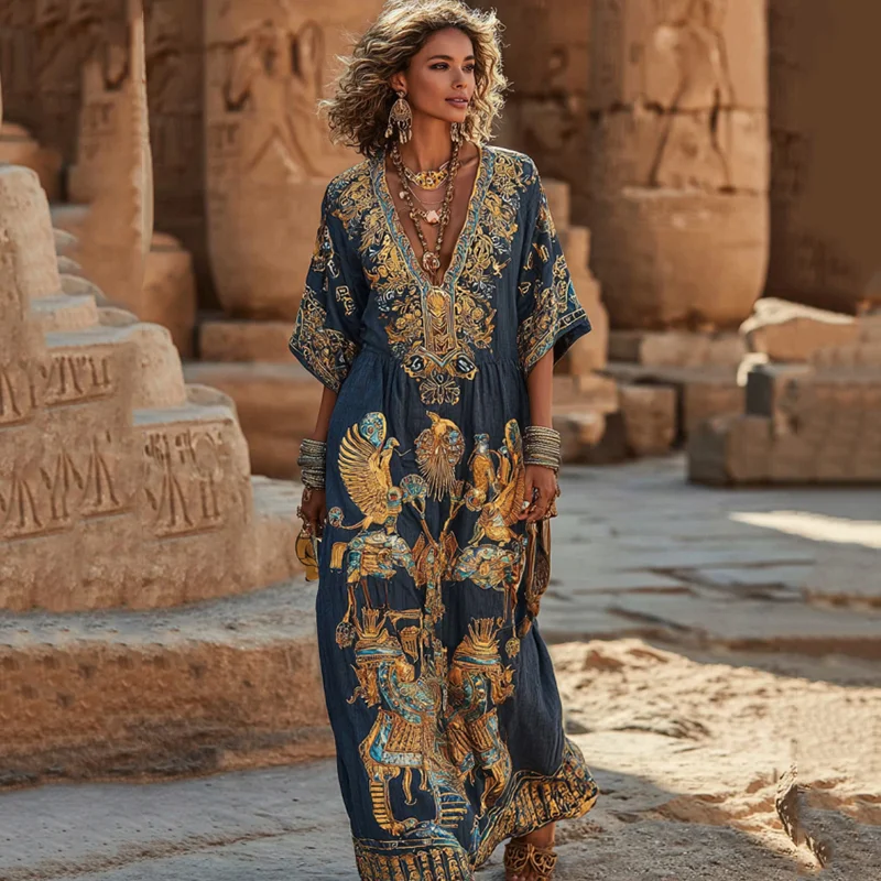 Women's Vintage Egyptian Pattern Casual V Neck Maxi Dress
