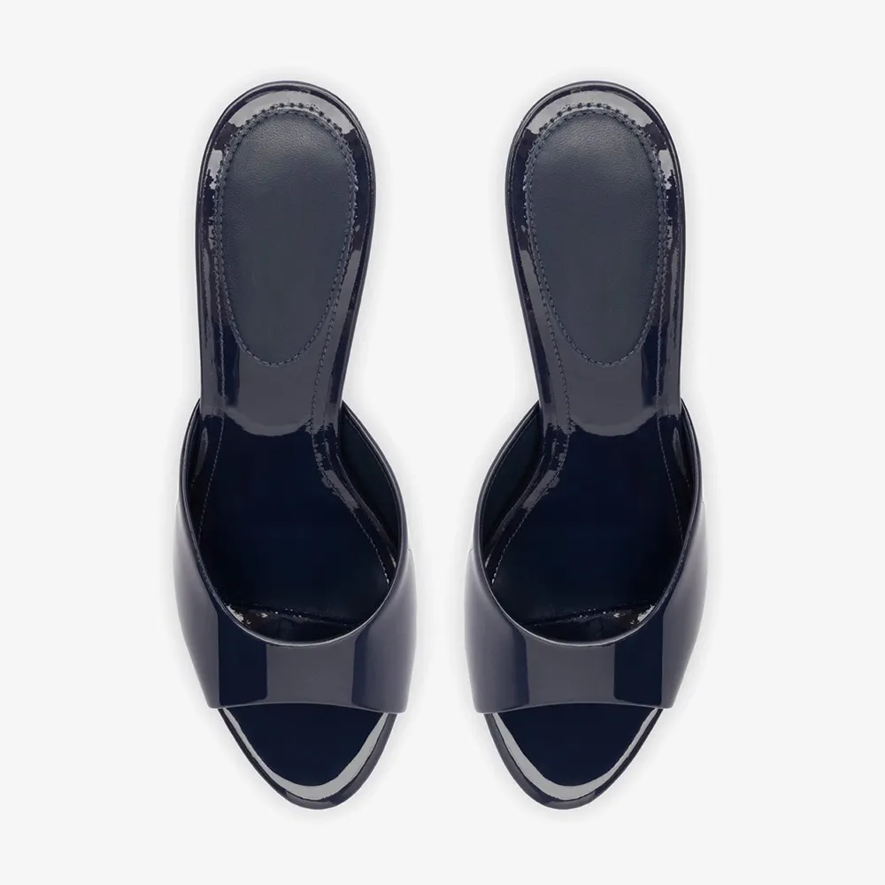 Navy Patent Leather Open Toe Mules Sandals with Stiletto Heels