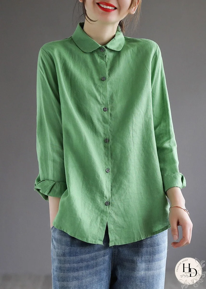 Simple Green Peter Pan Collar Button Patchwork Cotton Blouse Tops Spring