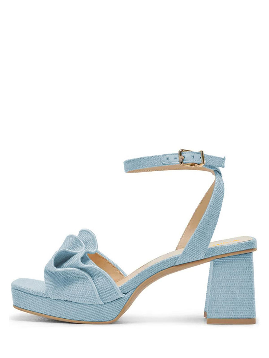 Light Blue Open Toe Ruffle 3 Inch Chunky Heel Dress Sandals for Women