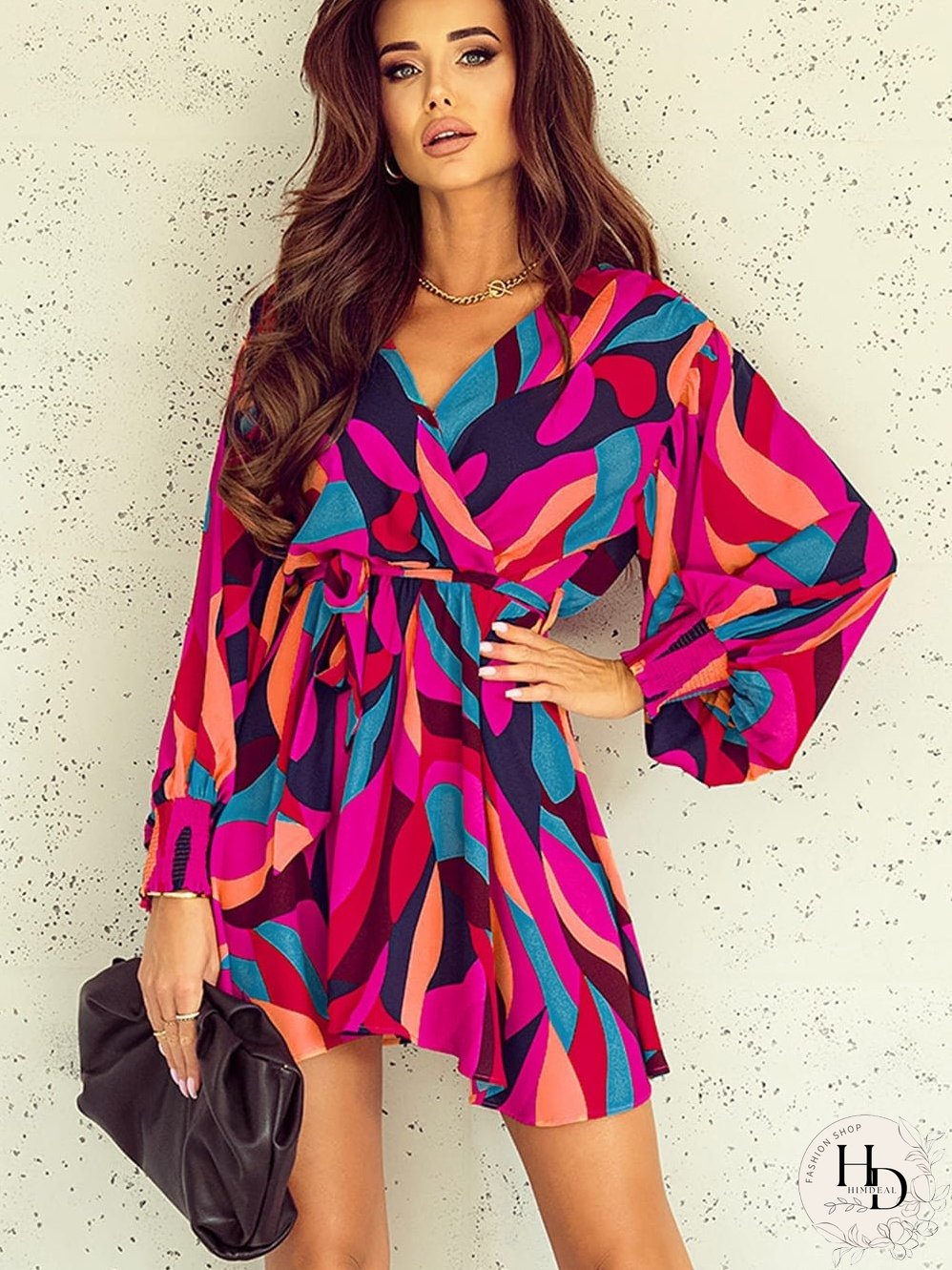 Lapel Print Lace-Up Long Sleeve Dress