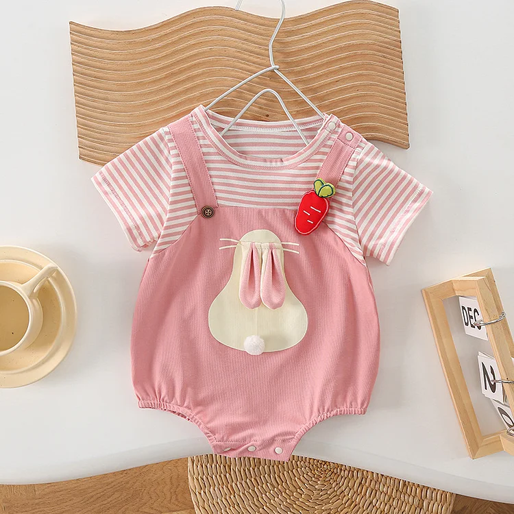 Baby Newborn Girl Mock Two-Piece 95% Cotton Sweet Strawberry Bunny stripe Bodysuit