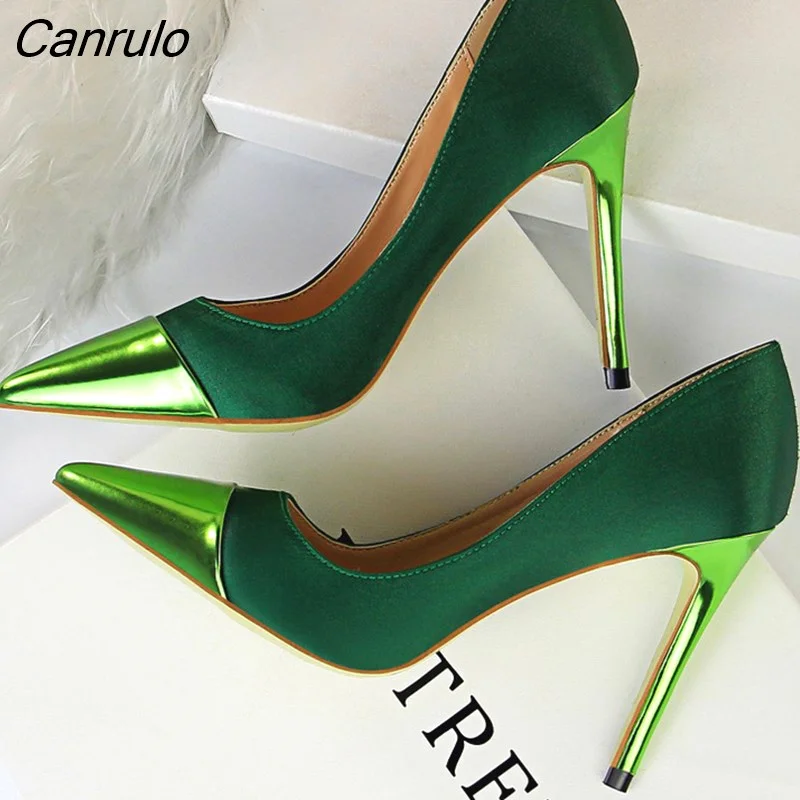 Canrulo Shoes Blue Women Pumps Satin Stitching High Heels Women Shoes Sexy Nightclub Party Shoes Stiletto Heels 10 Cm Lady Pumps 319-1