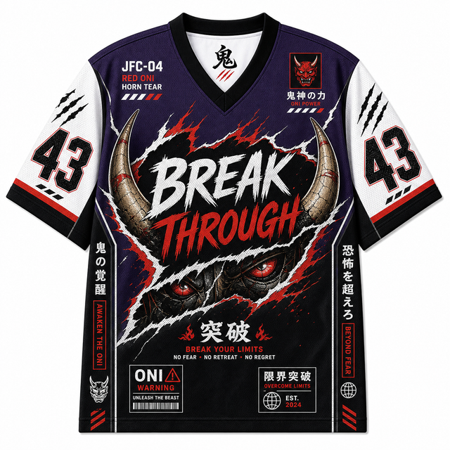 Techwear Jfc 04 03 Red Oni Horn Tear Slogan Short Sleeve Jersey