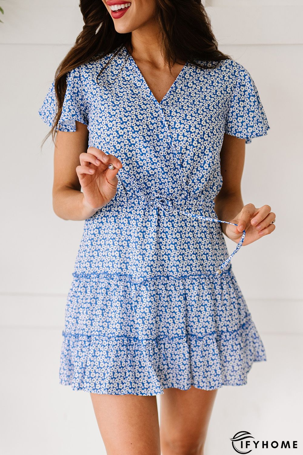 Blue V Neck Short Sleeve Layered Ruffled Floral Dress | IFYHOME