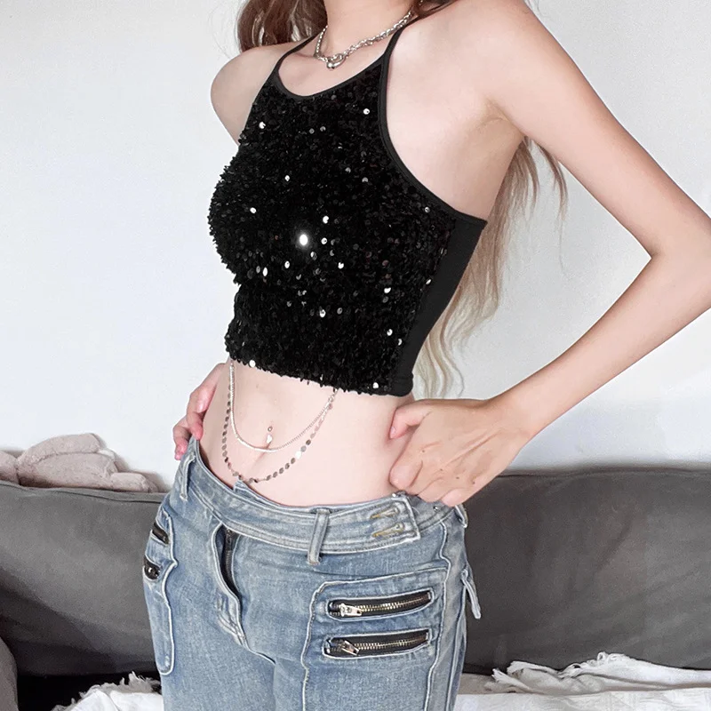 Uveng 2024 Summer New Women's Sexy Hottie Metal Chain Bare Back To Bare Waist Umbilly Vest