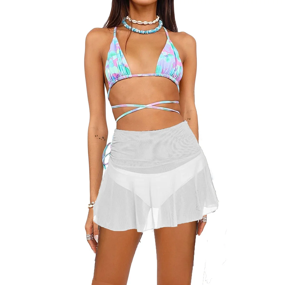 Women High Waist Mini Skirts Summer Solid Color See Through Fishnet Short Pleated Skirt A-Line Rave Festival Clothes