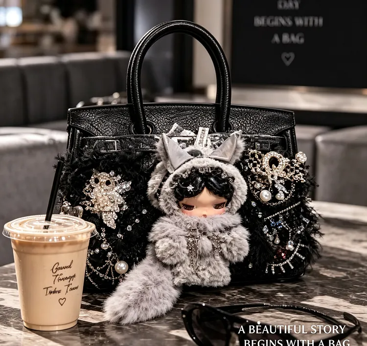 Luxury Black Fox Doll Handbag &ndash; Handmade Rhinestone, Pearl & Lace Statement Bag for Fall & Winter