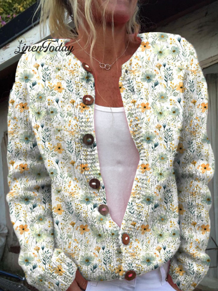 Lovely Meadows Floral Pattern Printed Buttoned Cardigan Sweater Multicolor / S