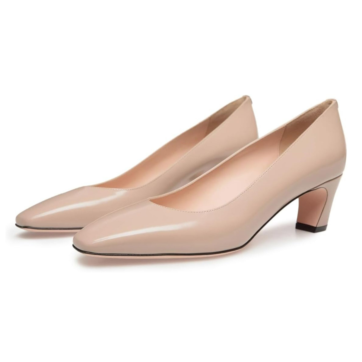 Chic Patent Leather Square Toe Chunky Heel Slip On Nude Pumps Nicepairs
