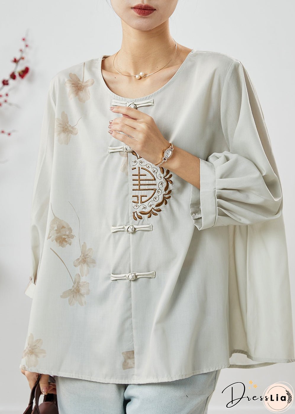 Retro Grey Embroidered Chinese Button Linen Top Summer