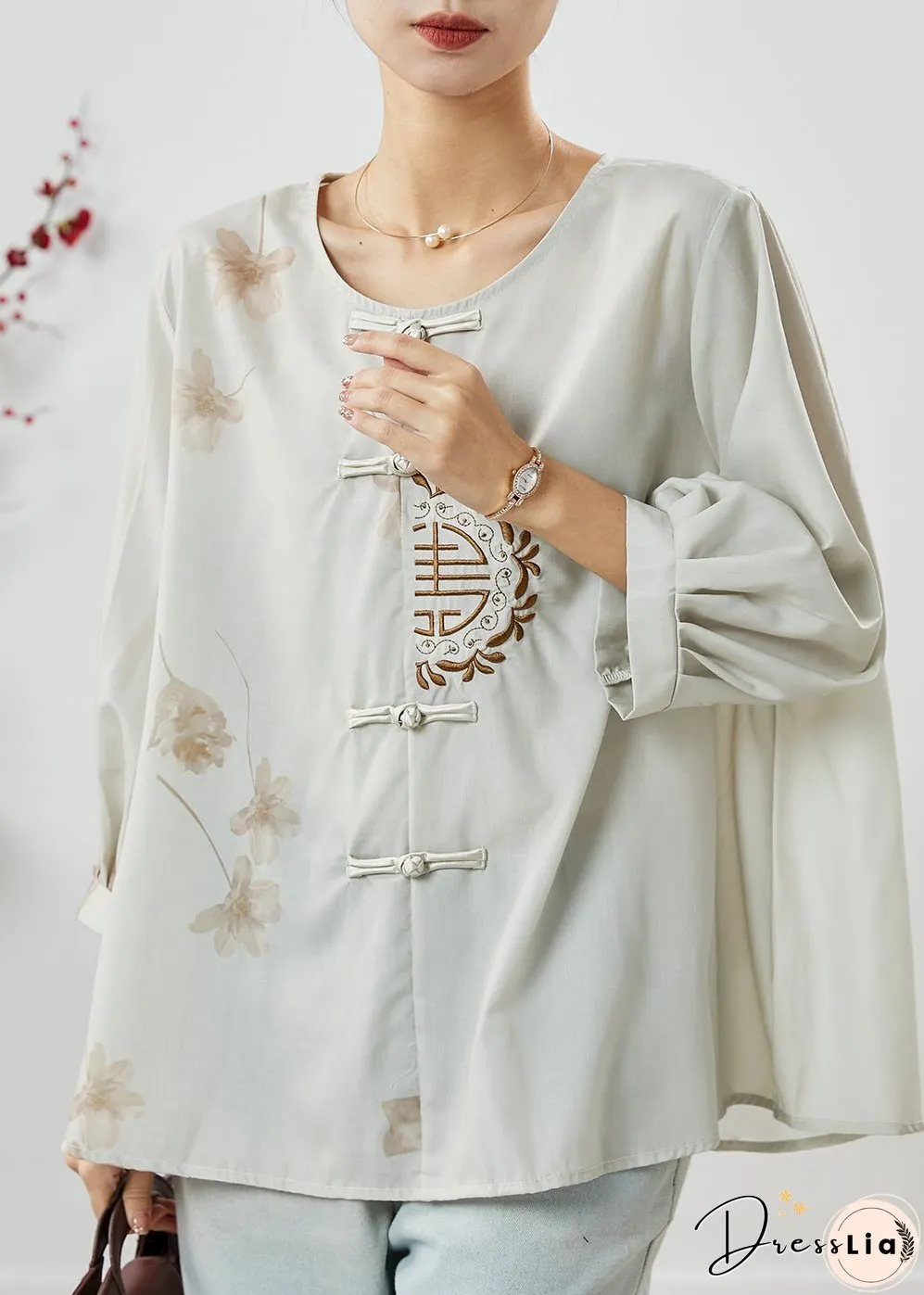 Retro Grey Embroidered Chinese Button Linen Top Summer