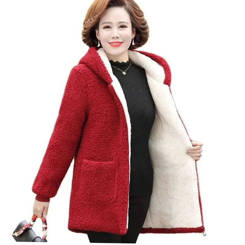 6XL Middle-aged Elderly Women's Lamb Wool Coat 2021 New Winter Plus Velvet Cotton Jacket Loose Mid-length Female Hooded Overcoat