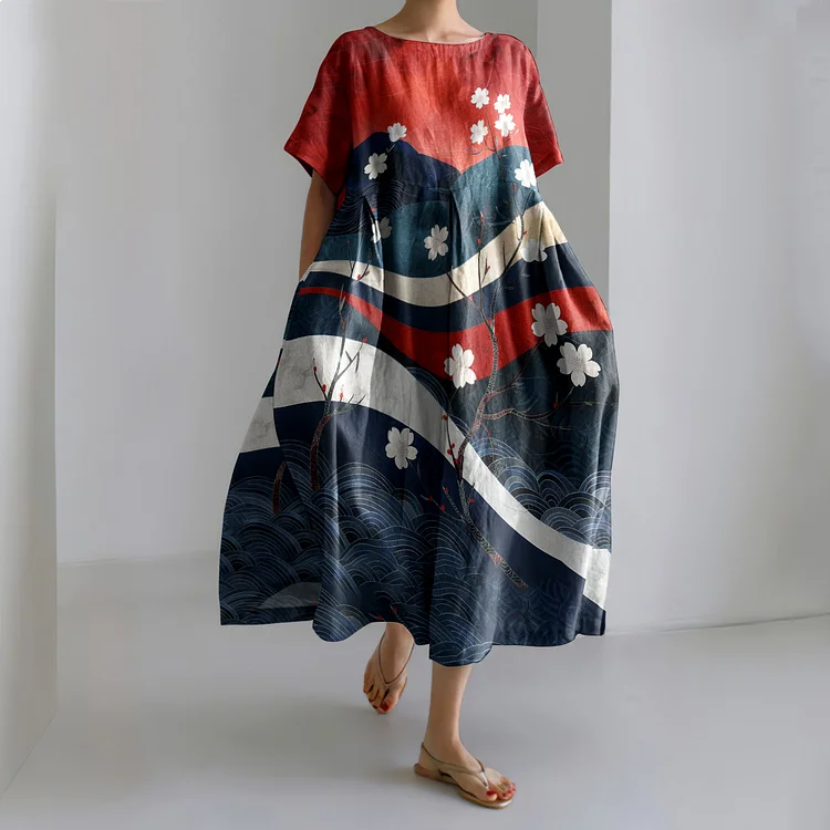 Comstylish Japanese Art Casual Short Sleeve Waves Floral Print Linen Blend Dress