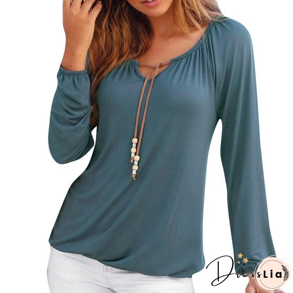 Women Solid Color V Neck Solid Tops Bowknot Long Sleeve Shirt Loose Comfort Blouse