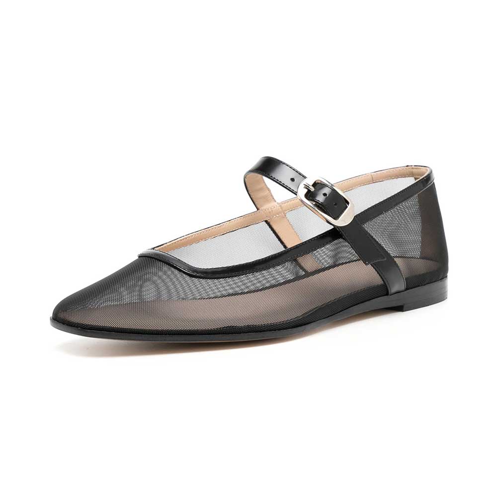  Mesh Buckle Fastening Strap Comfy Flat Mary Janes in Black    Nicepairs