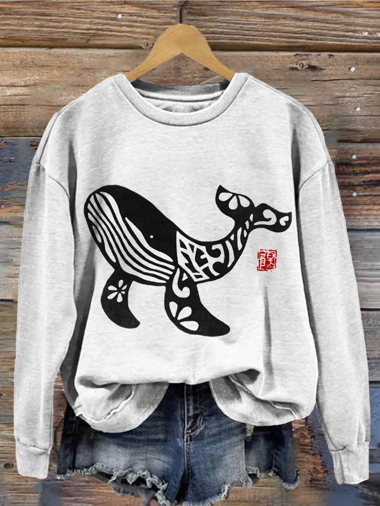 Comstylish Humpback Whale Japanese Lino Art Cozy Sweatshirt