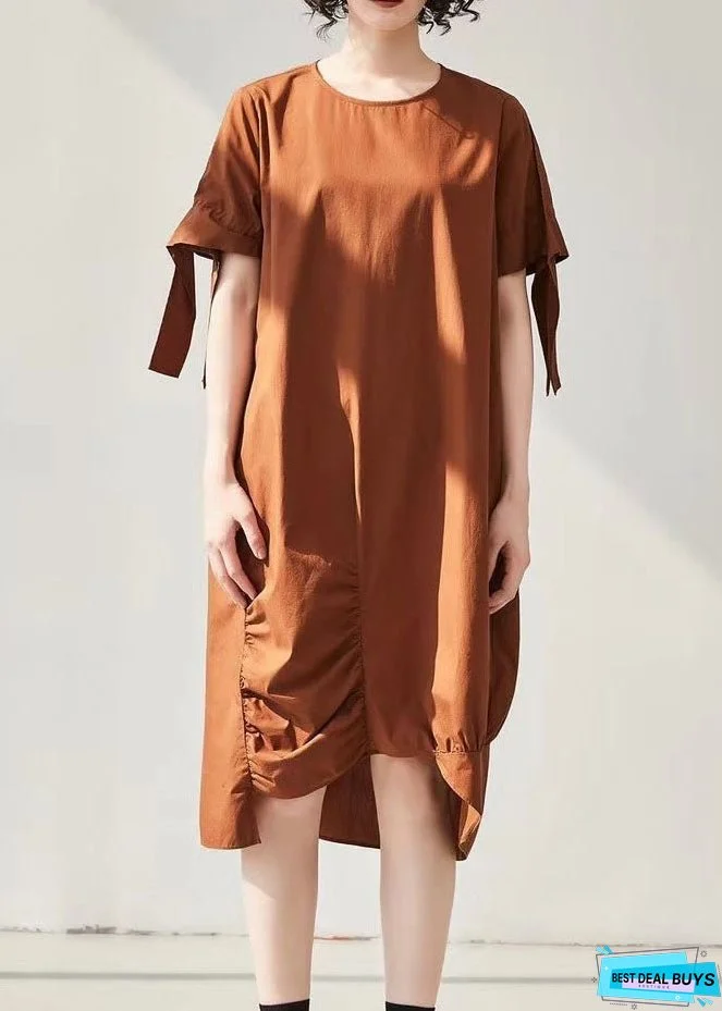 Vintage Caramel Asymmetrical Wrinkled Cotton Holiday Dress Short Sleeve