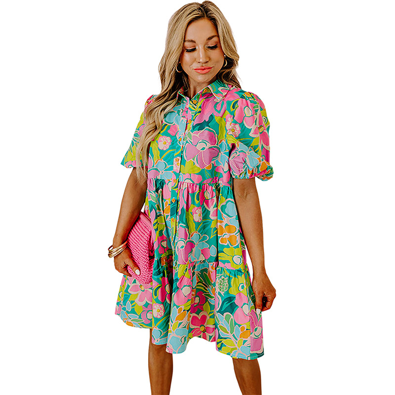 Mature Women Summer Floral Print Puff Sleeve Dress