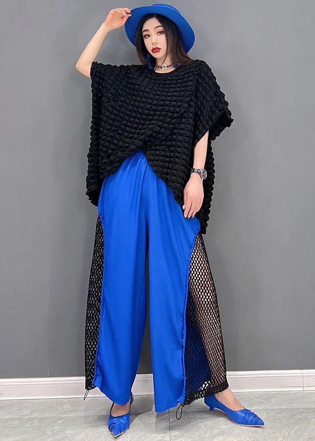Blue Patchwork Tulle Top And Crop Pant Two Piece Set Women Clothing Drawstring Summer