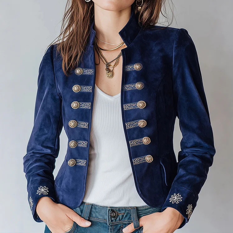 Vintage Stand Collar Double Breasted Floral Cuff Suede Jacket