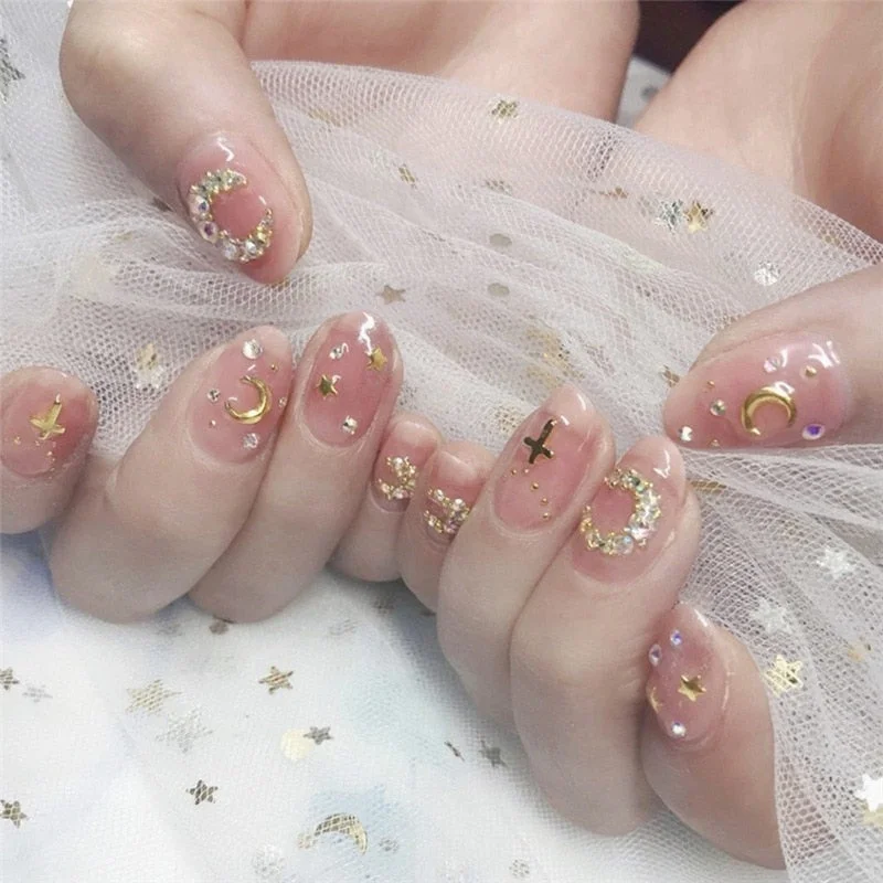 24pcs Pink False Nail Micro Clear Cute Fake Nails Press On Nail Long Nails With Rhinestones Summer Nail Art Decoration 515-1-Nail Inspo