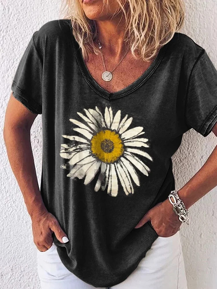 Women's Sunflower print V-neck cotton top socialshop