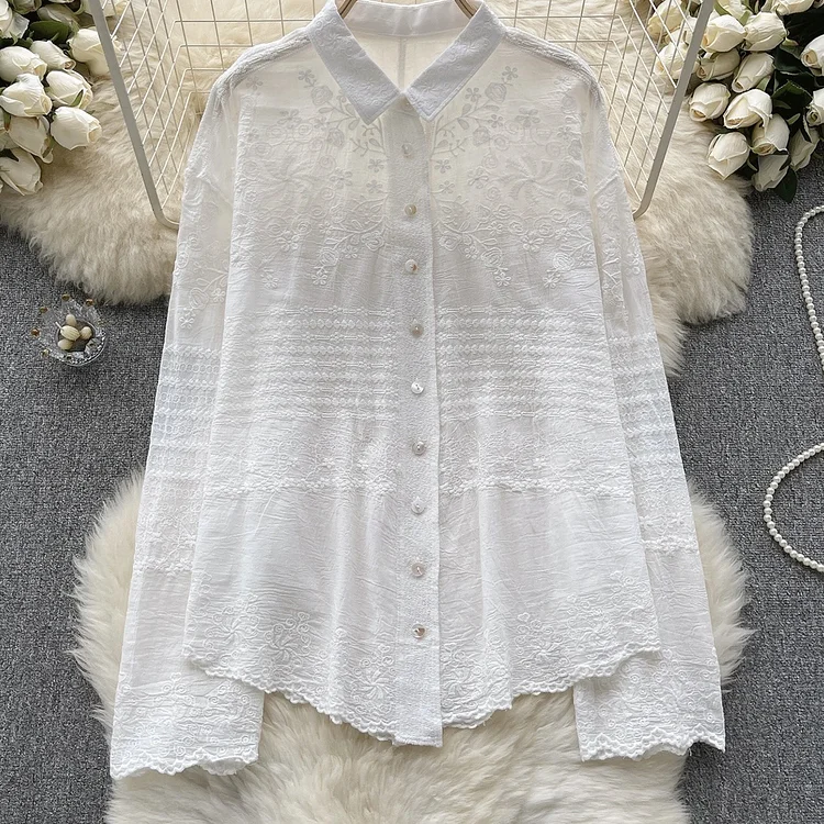 Fashionable And Minimalist Dark Patterned Jacquard Lace Long Sleeved Shirt
