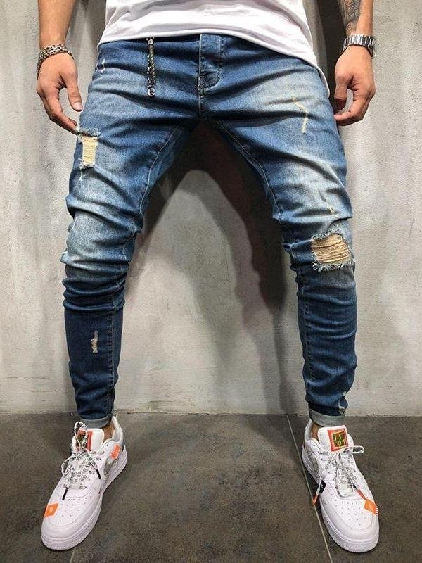 Men's casual fashion ripped slim-fit denim trousers