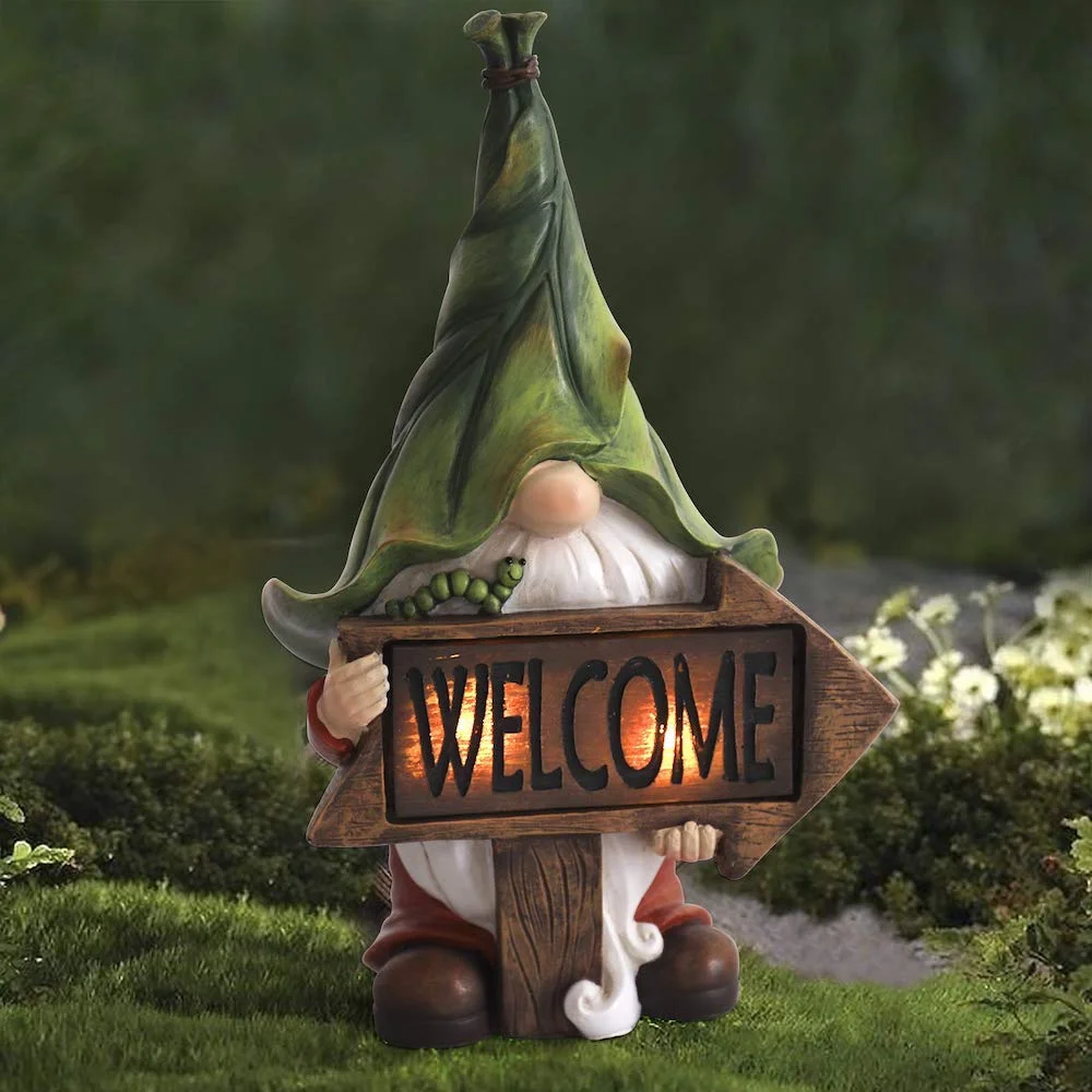 Gnome Statue Holding Welcome Sign with Solar LED Lights