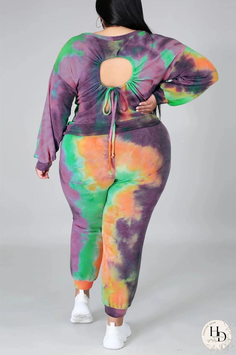 Dark Blue Fashion Casual Print Tie Dye Tie-dye Backless O Neck Plus Size Set