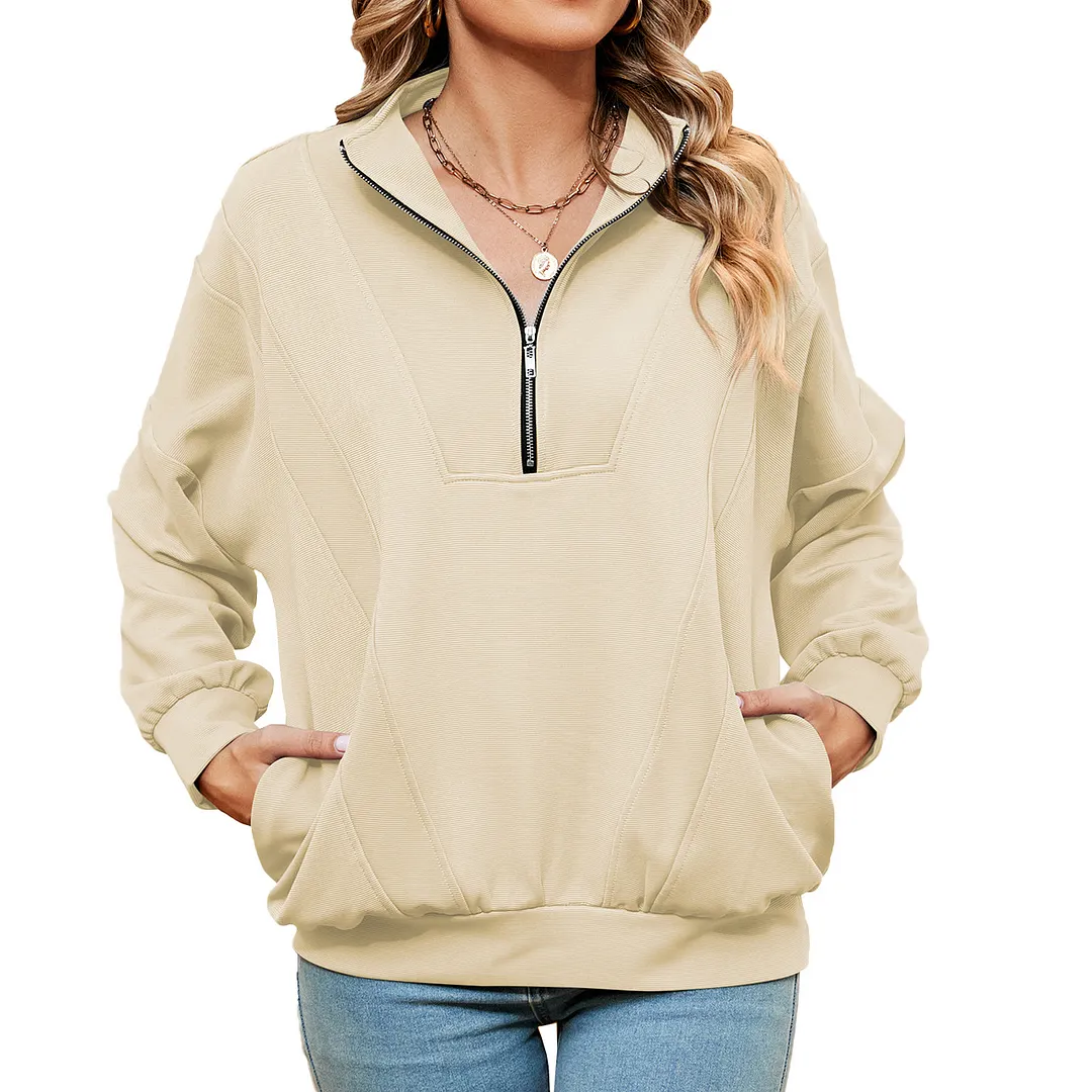 Churchf Churchf New Standing Collar Zipper Pocket Solid Color Long Sleeve Casual Hoodie Woman