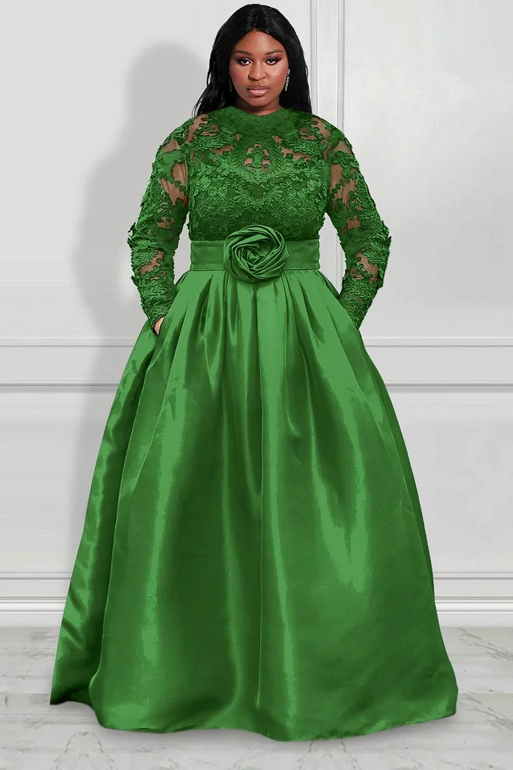 Plus Size Green Formal Lace Long Sleeve With Pocket Satin Maxi Dresses