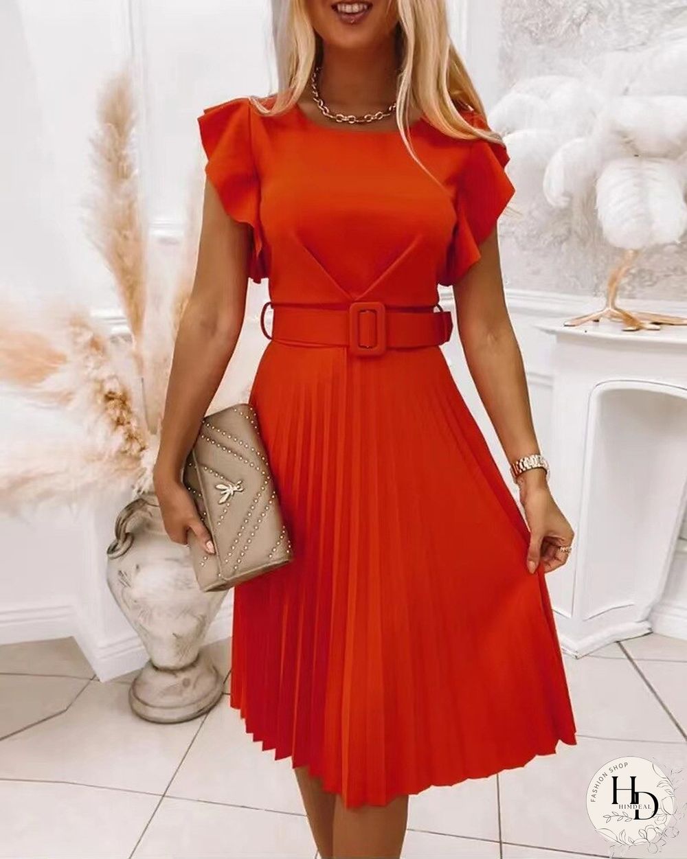 Summer Boho Dress Women's New Round Neck Waist Pleated Flounce Dress With Belt Vestidos De Mujer