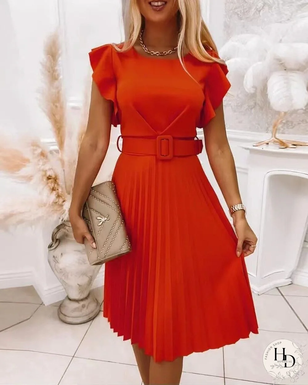 Summer Boho Dress Women's New Round Neck Waist Pleated Flounce Dress With Belt Vestidos De Mujer