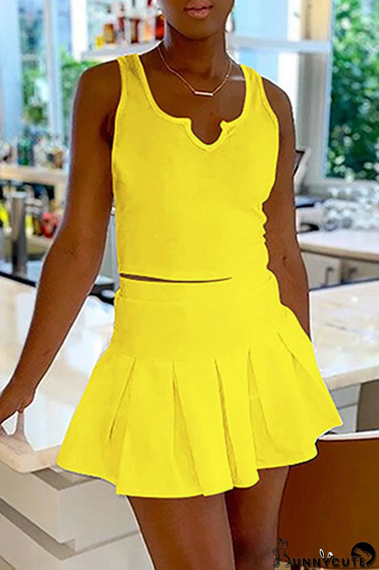 Yellow Sexy Casual Solid Basic V Neck Sleeveless Two Pieces