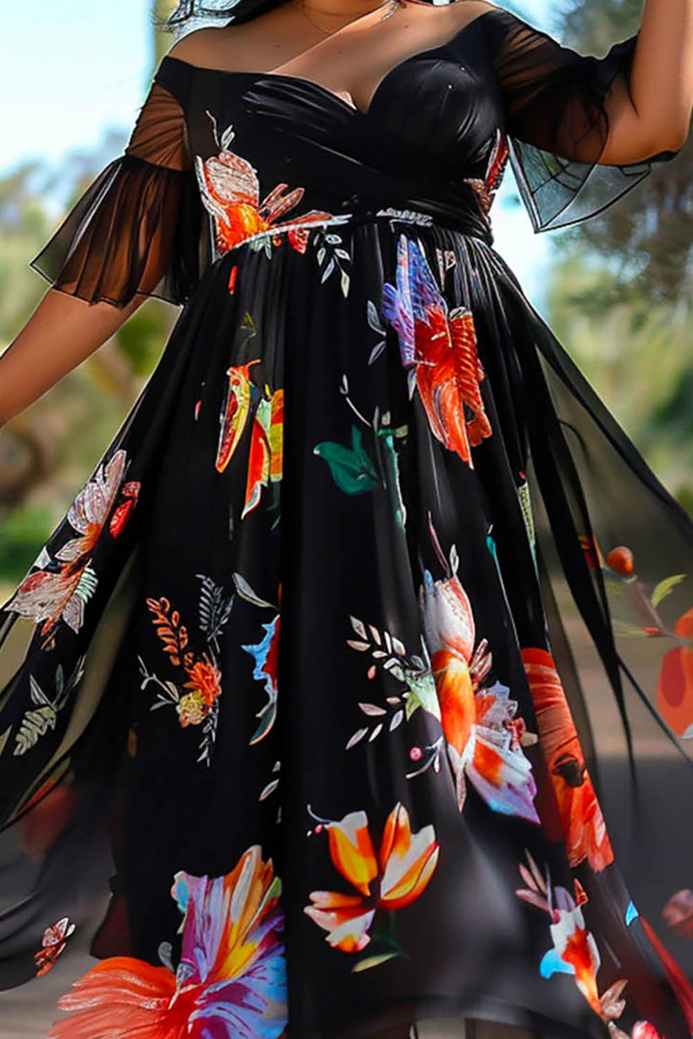 Design Plus Size Vacation Boho Black Floral Off The Shoulder Flare Half Sleeve Mesh Maxi Dresses [Pre-Order]