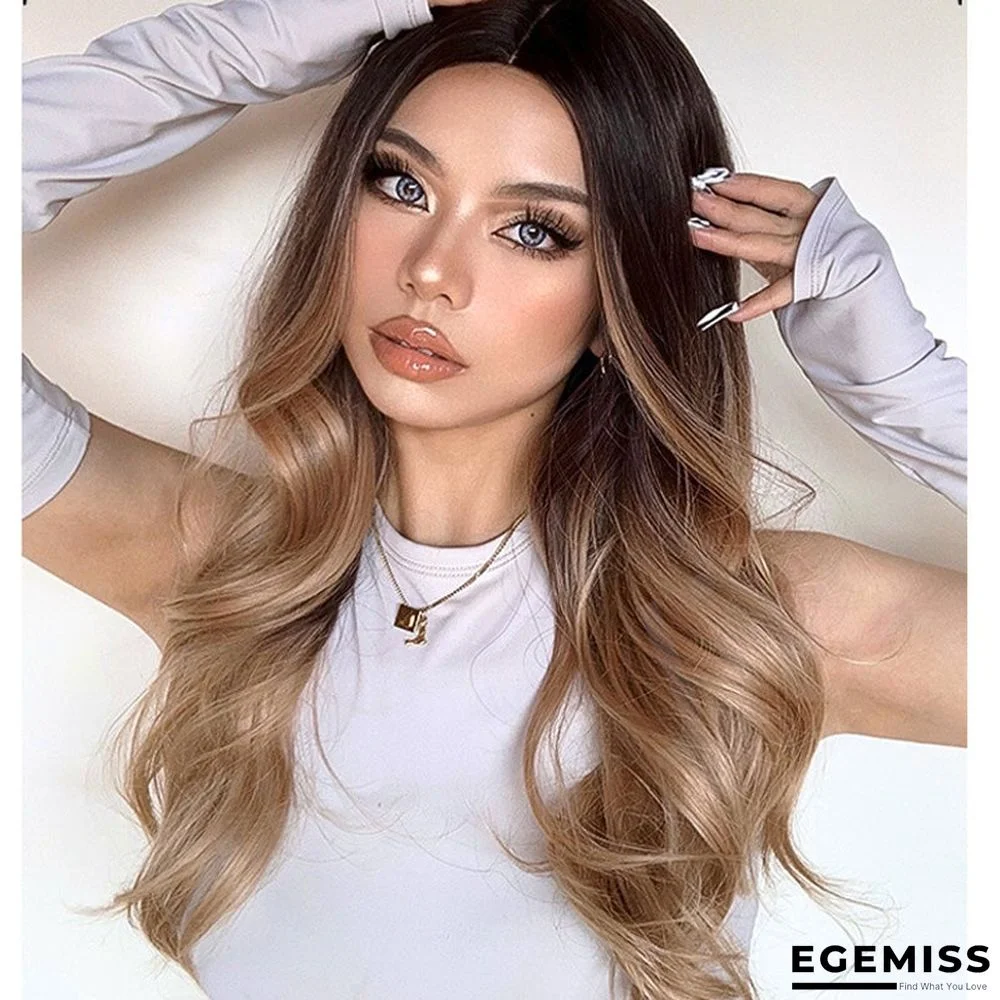 Large Wavy Curly Hair Black Gradient Brown Synthetic Wig Fashion Temperament Wig Female | EGEMISS