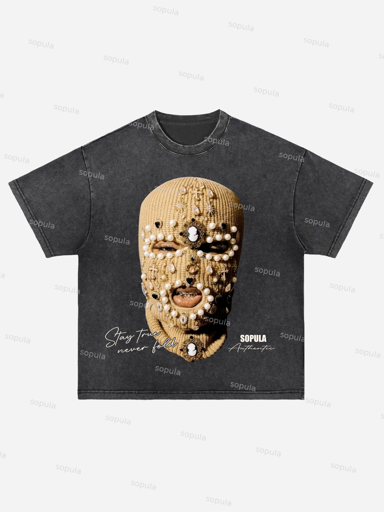 Sopula Gangster Jewelry Mask Portrait Graphic Acid Wash T-shirt - SOPULA