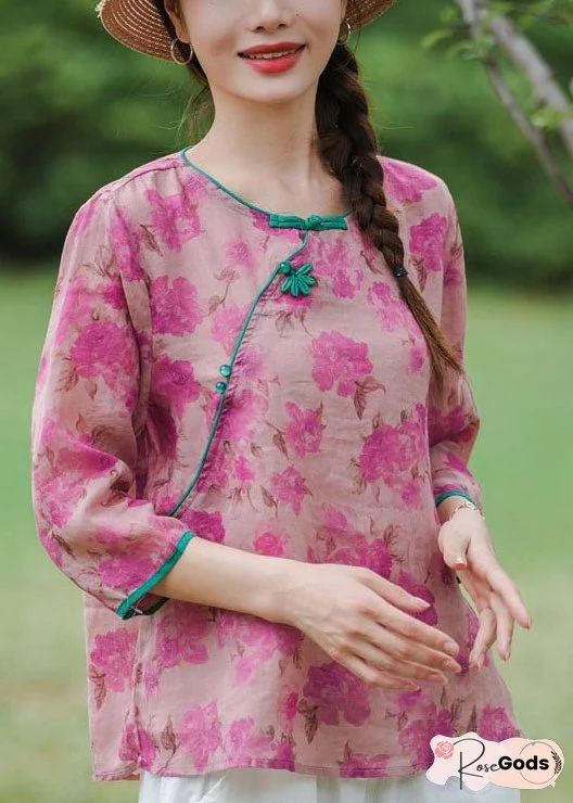 Vintage Pink Floral Linen Shirts Bracelet Sleeve