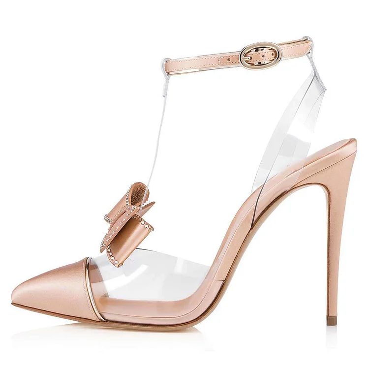 Nude T-Strap PVC Bow Stiletto Heel Pumps Vdcoo